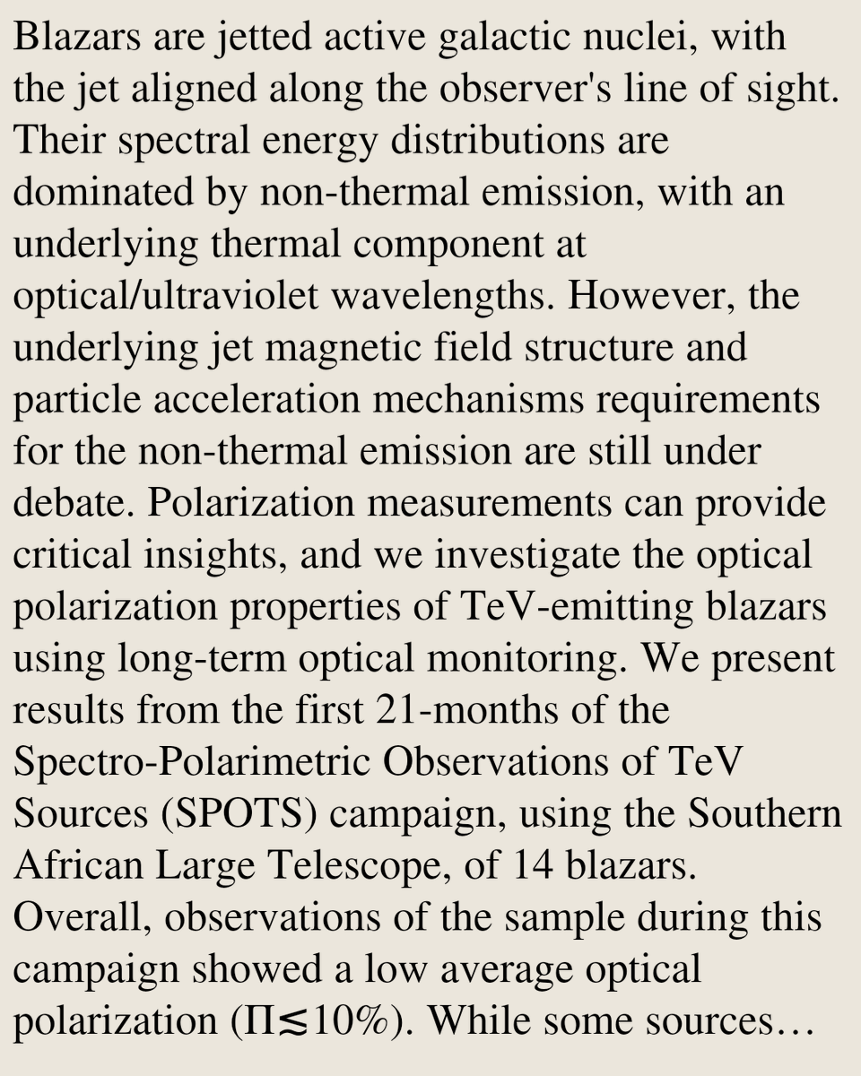 Spectro-Polarimetric Observations of TeV Sources (SPOTS): First results

J. Barnard, B. van Soelen, I. P. van der Westhuizen, M. Böttcher, A. Martin-Carrillo, H. M. Schutte, S. van der Merwe, M. Zacharias
arxiv.org/abs/2605.04619 [𝚊𝚜𝚝𝚛𝚘-𝚙𝚑.𝙷𝙴]