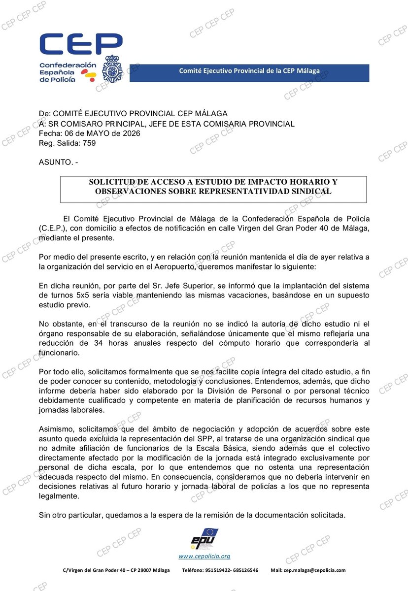 Cepoliciamalaga's tweet photo. Mientras algunos critican a @cep_cepolicia, nosotros defendemos a los 👮🏻‍♀️👨‍✈️Exigimos el estudio del J. Superior que afirma que el 5x5✈️ debería 34h anuales. ¡Nadie lo ha visto! 🧐 No permitiremos negociar la jornada con informes 👻ni con sindicatos sin representación en la básica😊 https://t.co/IJhcg6dF0n