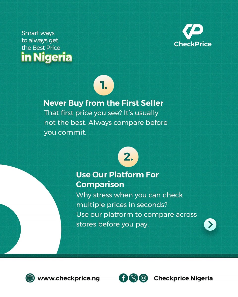 checkpriceng's tweet photo. 4 simple ways to win the price game in Nigeria. Check the thread below! π
π Compare prices across top stores
π Focus on value + price
Check out https://t.co/2QJ8SflK0m to start saving today! π
#CheckPrice #NigeriaMarket #PriceComparison #SavingSmartly https://t.co/imJVwfPAOf
