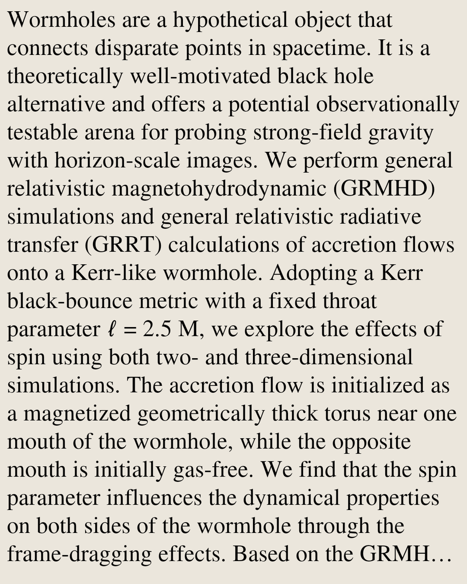 Dynamics and Radiative Signatures of Accretion Flows onto a Kerr-like Wormhole

Jing-ze Xia, Hong-xuan Jiang, Cheng Liu, Yosuke Mizuno
arxiv.org/abs/2605.04631 [𝚊𝚜𝚝𝚛𝚘-𝚙𝚑.𝙷𝙴]
💬Accepted by Apj, comments wellcome