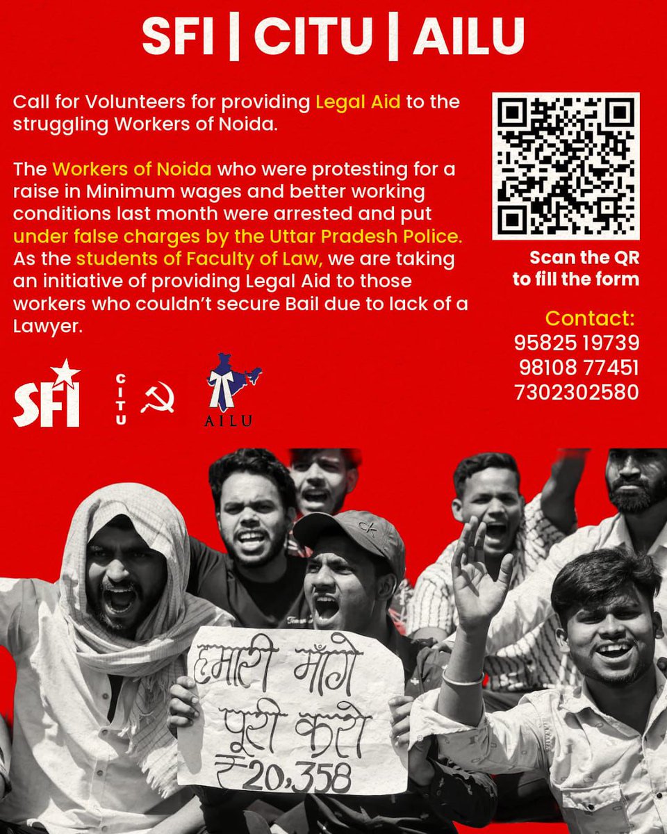 sfijnuunit's tweet photo. Call for Volunteers for providing Legal Aid to the struggling Workers of Noida.

The Workers of Noida who were protesting for a raise in Minimum wages and better working conditions last month were arrested and put under false charges by the Uttar Pradesh Police. https://t.co/iK76L6eyJw