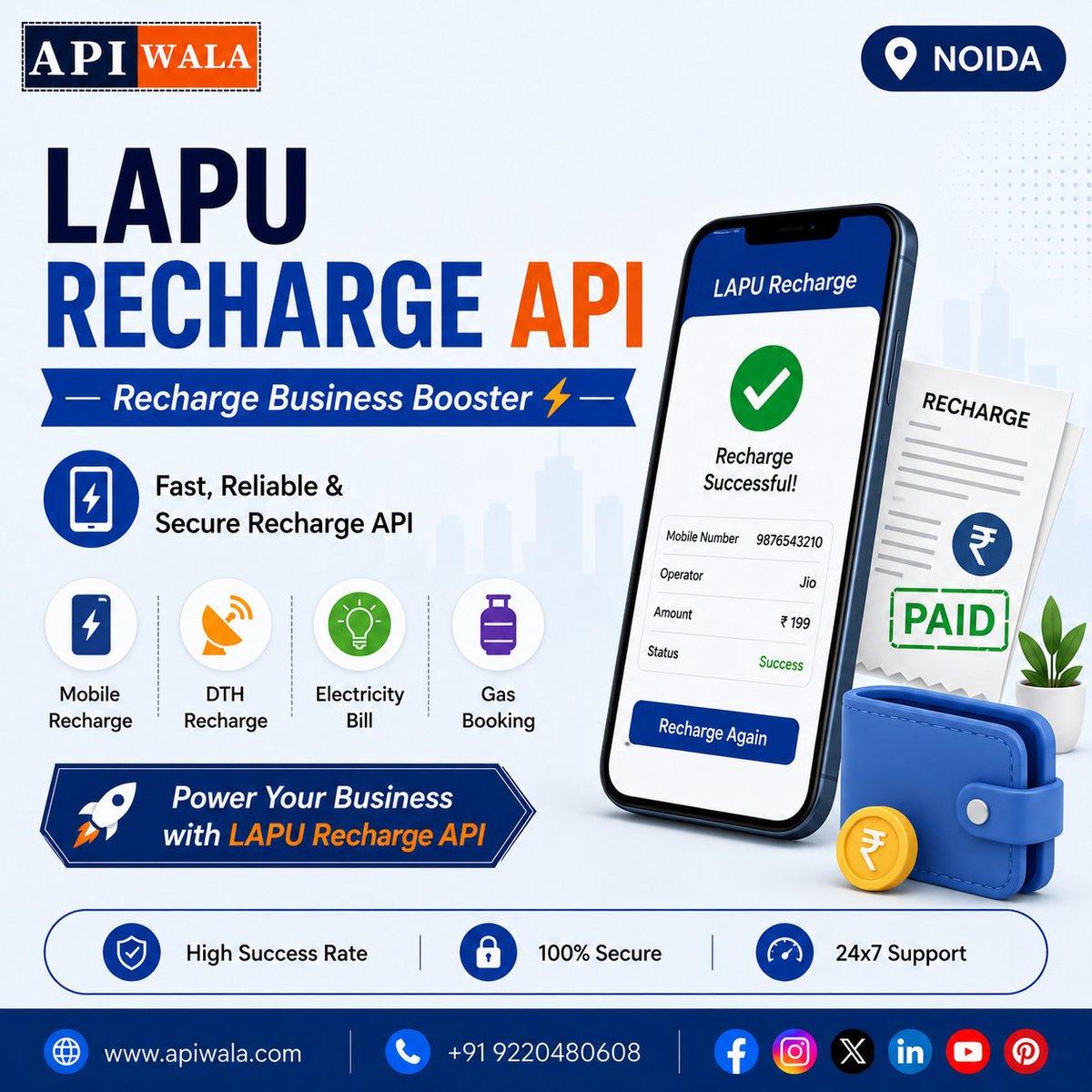 apiwala's tweet photo. 🚀 Boost your digital business with LAPU Recharge API – Noida
Grow your recharge business with reliable &amp; high-speed API services 📈
🌐 https://t.co/BBXFwXAnXR
📞 +91 9220480608
#Apiwala #LAPUAPI #RechargeAPI #RechargeBusiness #FintechIndia #DigitalIndia #APIIntegration https://t.co/WtZU9Khz7i