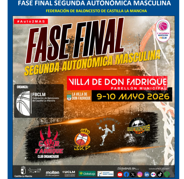 fbclm's tweet photo. REVISTA OFICIAL |  #Auto2MAS🚹
✍️ Declaraciones‼️Datos‼️Roster Oficial y Equipo Arbitral‼️Toda la INFO de la F4 de la Liga de 2ª Autonómica Masculina de la Villa de Don Fadrique‼️
🔗 https://t.co/A24rKDaiov
📅9 y 10 de Mayo
🕋Pabellón Municipal
#PasionXBasketCLM https://t.co/6NGYAWtN7S