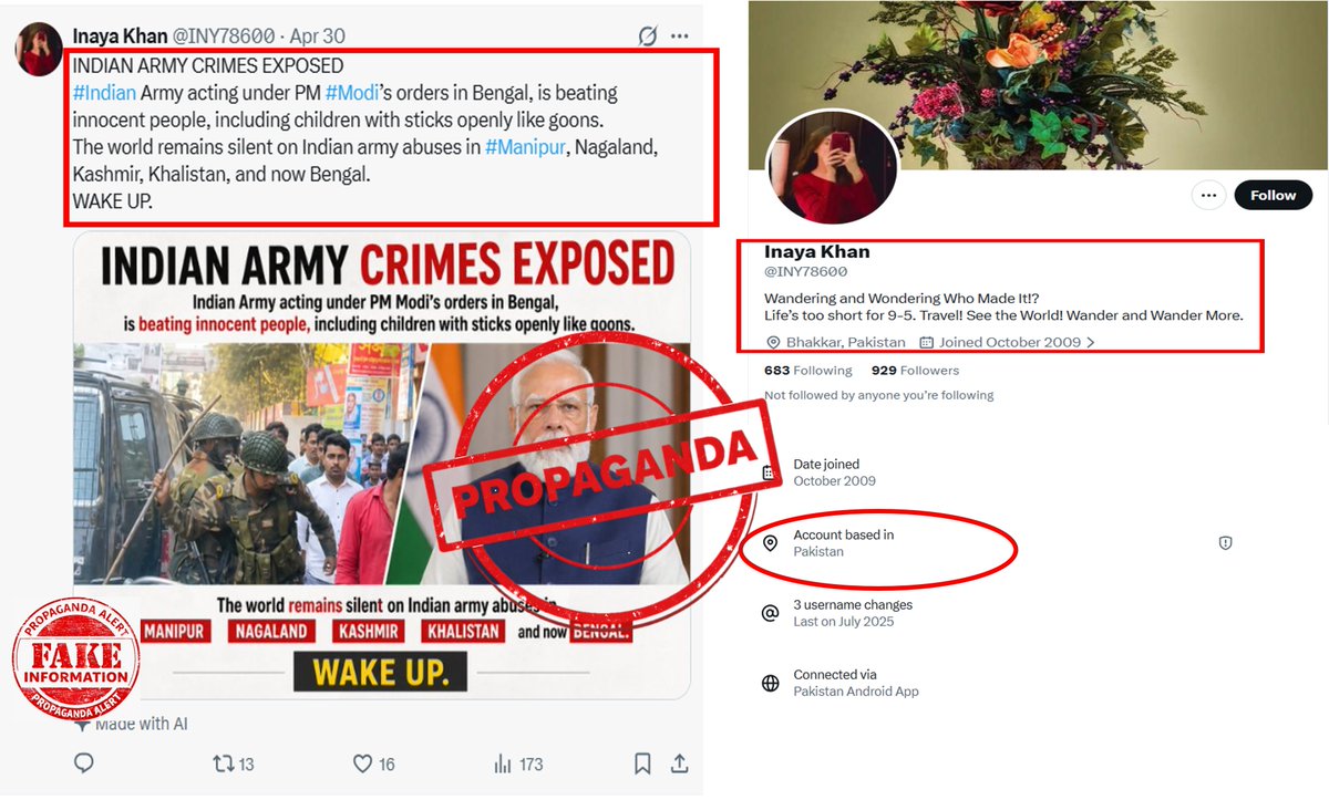 Pakistan- based fake handle spreading propaganda against the #IndianArmy by targeting #Manipur and other sensitive regions. 

Classic disinformation tactic to provoke unrest and divide India. Stay alert, verify facts, and expose fake narratives. 

#FakePropaganda <a href="/MythbusterXX/">Armed Forces Fact Check</a>