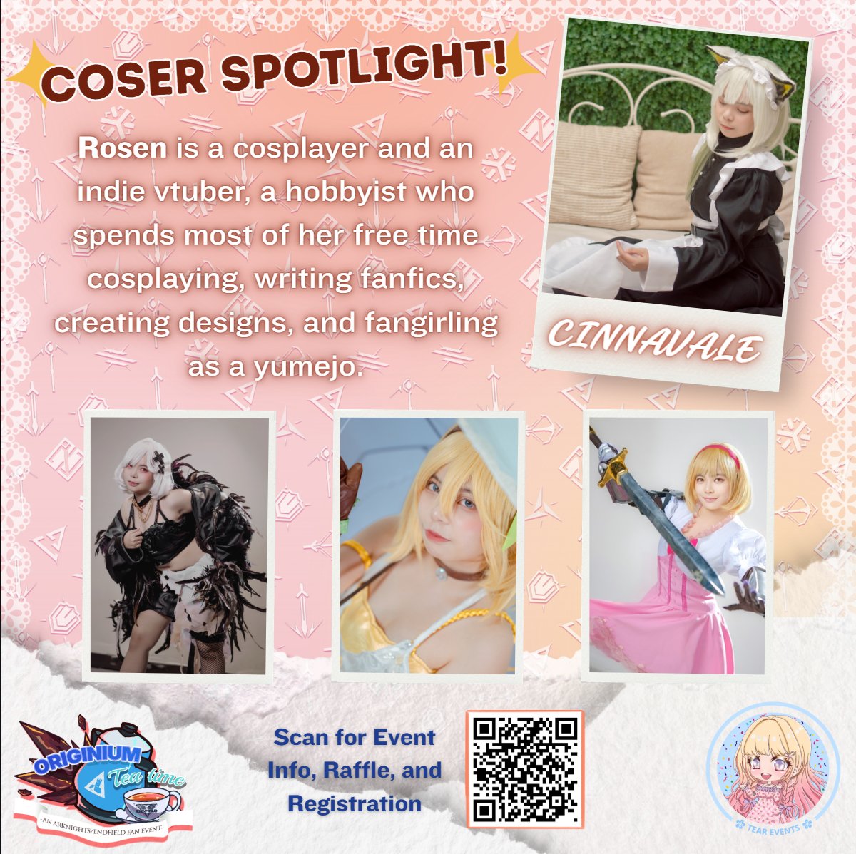 TeArEventsPH's tweet photo. 💎Originium Tea Time!

👗Charming Coser Spotlight: Rosen Cinnavale

Catch her other Socials:
🖥️: https://t.co/XqhUTKO7ZR
🔷: https://t.co/jdybAwK7hL

📷Scan the QR Code or Register here:
👉 https://t.co/DE8qOz9xiE https://t.co/ptN9JGNCar