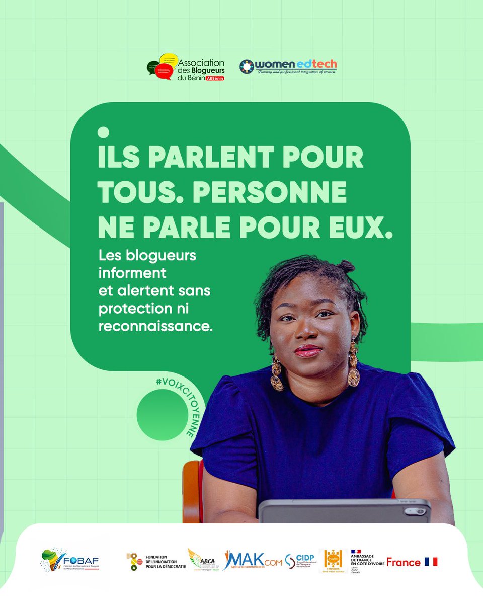 ab_benin's tweet photo. Ils parlent pour tous, mais nul ne parle pour eux.
Exposés aux intimidations, à l’autocensure et aux pressions, les Blogueurs.euses évoluent souvent sans statut légal clair ni véritable reconnaissance sociale et juridique. 

Pourtant, ils informent, alertent et font vivre le débat public.
Ne serait-il pas temps qu'ils aient un cadre clair qui les protège ?
---------
Si vous êtes acteurs du numérique, de la citoyenneté ou des médias, inscrivez-vous pour notre prochain afterwork, ce vendredi 8 mai 2026, à Cotonou sur thème : "Vers la reconnaissance du statut des Blogueurs : quel rôle pour les collectivités locales ?"

Lien d'inscription 👇

https://t.co/jof4WLus4p

#VoixCitoyenne
#JeSuisBlogueur
#NousVoulonsUnStatut
#LibresDeBloguer
#EthicBlog