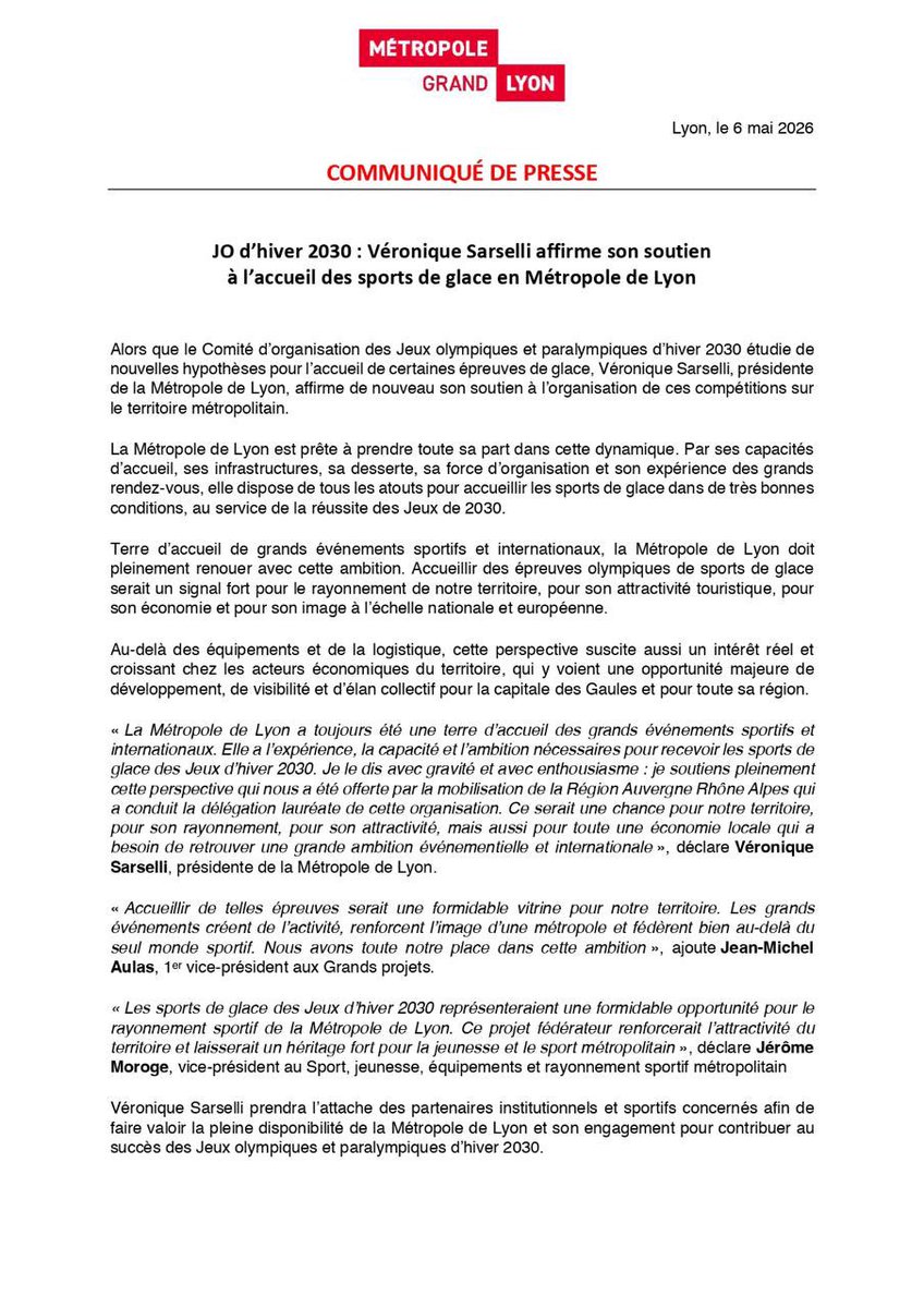 Je veux que la Métropole de Lyon retrouve toute sa place dans l’accueil des grands événements internationaux.

C’est pourquoi je soutiens clairement l’accueil des sports de glace des JO 2030 sur notre territoire.

Une ambition forte pour #Lyon et pour son rayonnement.
#JO2030