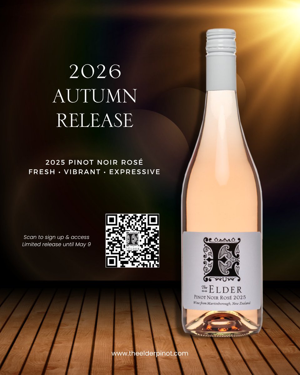 ElderPinot's tweet photo. Light, vibrant, and beautifully poised.

Our 2025 Rosé brings lift, purity, and a refreshing finish, perfectly rounding out this year’s Autumn Release.

Available until May 9 only!
Scan the QR or sign up via our website

https://t.co/5FUCSsAF40

#theelderpinot #AutumnRelease2026 https://t.co/WgsZtZu5MM