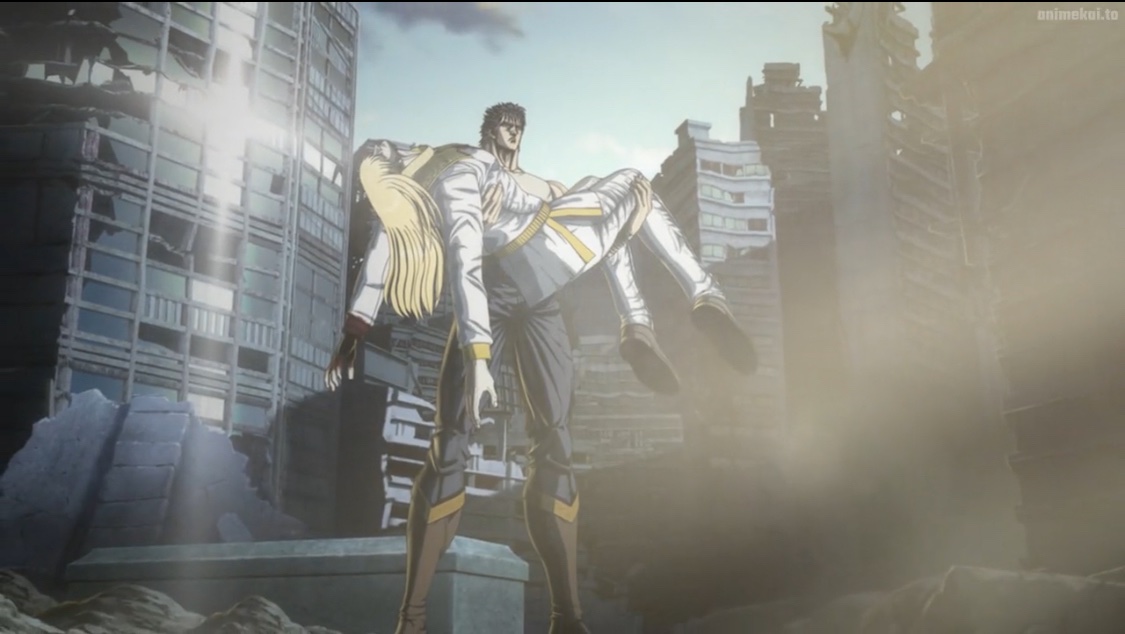 Ken holding shin dead body in the manga, toei anime, and 2026 remake. Interestingly the toei adaptation doesn’t have the cross sign while in the manga it looks like it’s floating while the remake have the sunlight reflection make the cross shape.