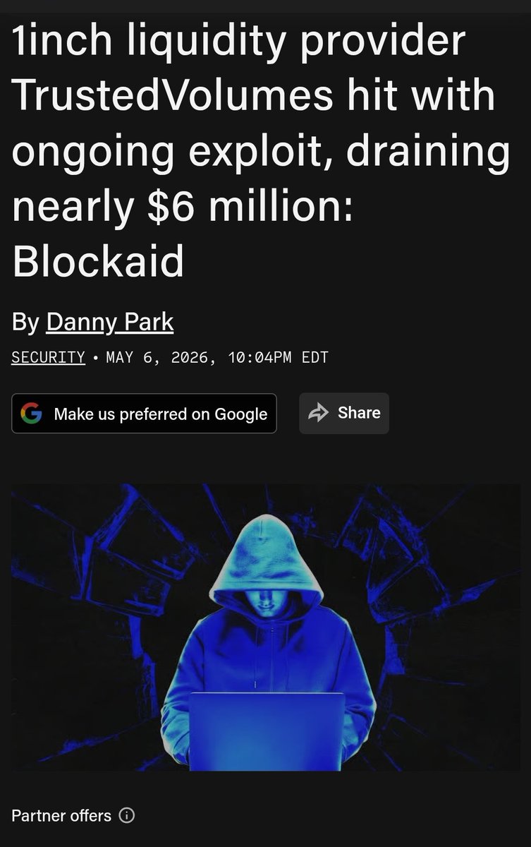 kryptodegeny's tweet photo. 🚨 $5.87 MILIONA SKRADZIONE! 
Exploit w 1inch!

​Dostawca płynności @1inch, TrustedVolumes, został trafiony potężnym exploitem. 
Hacker – prawdopodobnie ten sam, który uderzył w 2025 roku – wydrenował już blisko $6M w WETH, USDT i WBTC! 
​Kluczowe info:
​Strata: ok. $5,870,000 (dane wg Blockaid).
​Luka: Podatność w niestandardowym proxy RFQ swap.
​Zagrożenie: Atak jest określany jako "ongoing" (trwający).
​🛡️ CO ROBIĆ?
Sprawdź swoje zgody (allowances) na interakcję z TrustedVolumes i zachowaj najwyższą ostrożność przy swapach na 1inch Fusion.
​Podaj dalej – uratuj czyjeś portfele! 🔄💸