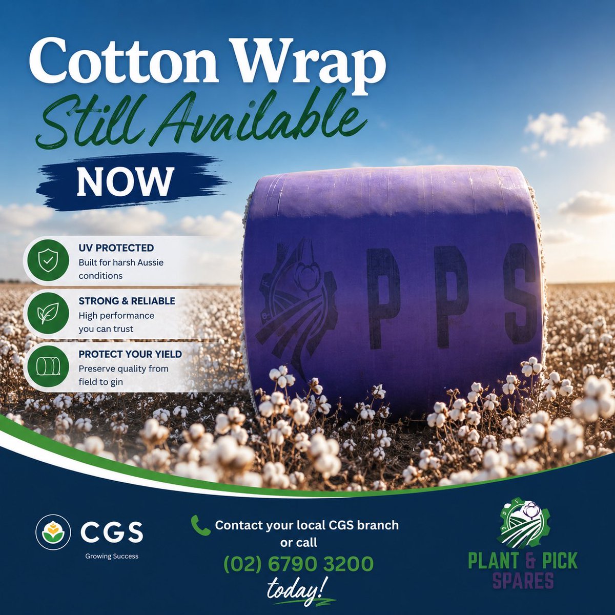cgs_aust's tweet photo. Has your picking season performed better than expected?  

Still needing more cotton wrap? Good news, CGS still has a limited number of wrap rolls available

Contact your local CGS branch or call 02 6790 3200 today to secure your final rolls before they’re gone 

@plantandpick https://t.co/l7mkwlA4s3