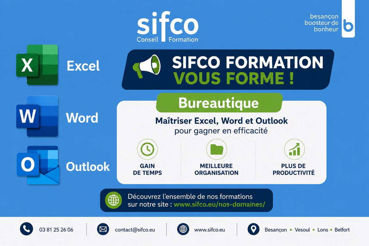 SifcoFormation's tweet photo. 💻 Excel, Word, Outlook…
Développez vos compétences bureautiques avec SIFCO Formation et gagnez en efficacité au quotidien 🚀

📍 Besançon • Vesoul • Lons • Belfort
🌐 https://t.co/oWskXgFsAe

#Formation #Bureautique #Excel #Word #Outlook https://t.co/It7VdvJ4Av