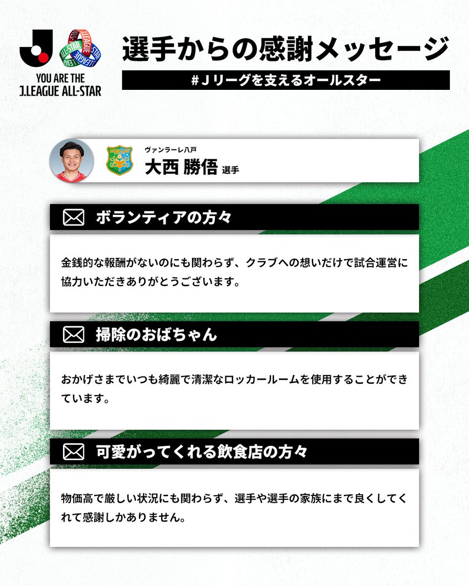 J_League's tweet photo. ヴァンラーレ八戸の大西勝俉選手が
感謝を伝えたい方は？💬

#Ｊリーグを支えるオールスター たちへ、
感謝のメッセージ✉️

試合やクラブ・選手を支える方々に
感謝の声を届けよう📣

@shog0_0nishi
@vanraure https://t.co/b0GpveQI3M