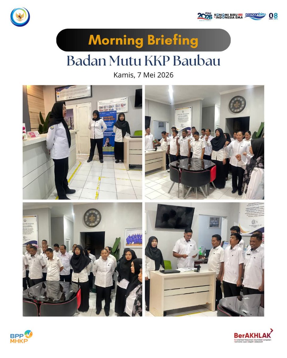 Kamis, 7 Mei 2026

Selamat Pagi #SahabatBahari, hari ini kami kembali melaksanakan morning briefing lingkup Badan Mutu KKP Baubau. Briefing pagi hari ini dipimpin langsung oleh Kepala Badan Mutu KKP.