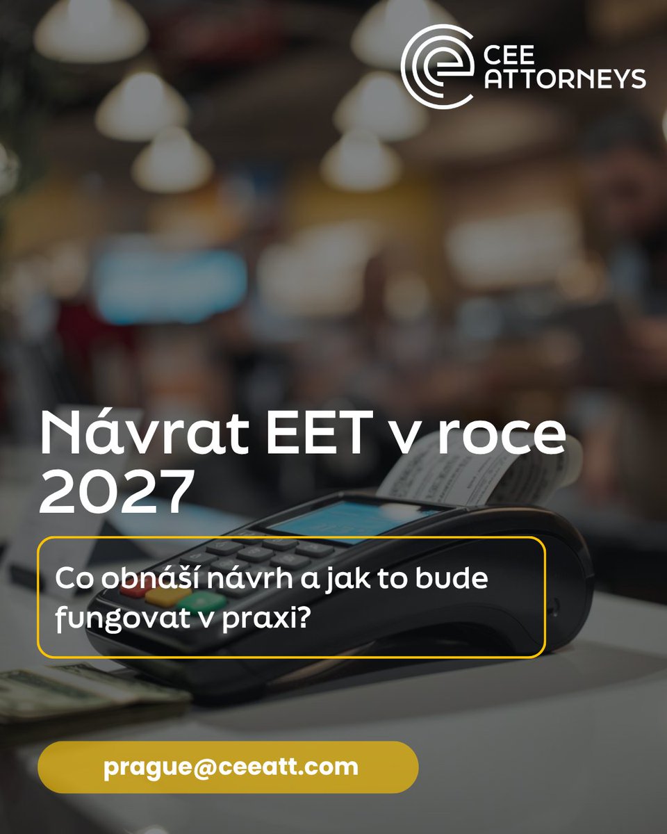 CEE_Attorneys's tweet photo. 🔴 EET se může vrátit, a to již příští rok. Co návrh přináší a co to v praxi znamená?

Vláda schválila návrh na znovuzavedení EET,
který počítá s účinností od 1. ledna 2027.
👉 O finální podobě ale ještě rozhodne Parlament.

Co to znamená v praxi?
https://t.co/T58FRYSW6t https://t.co/gup8Cydnoj