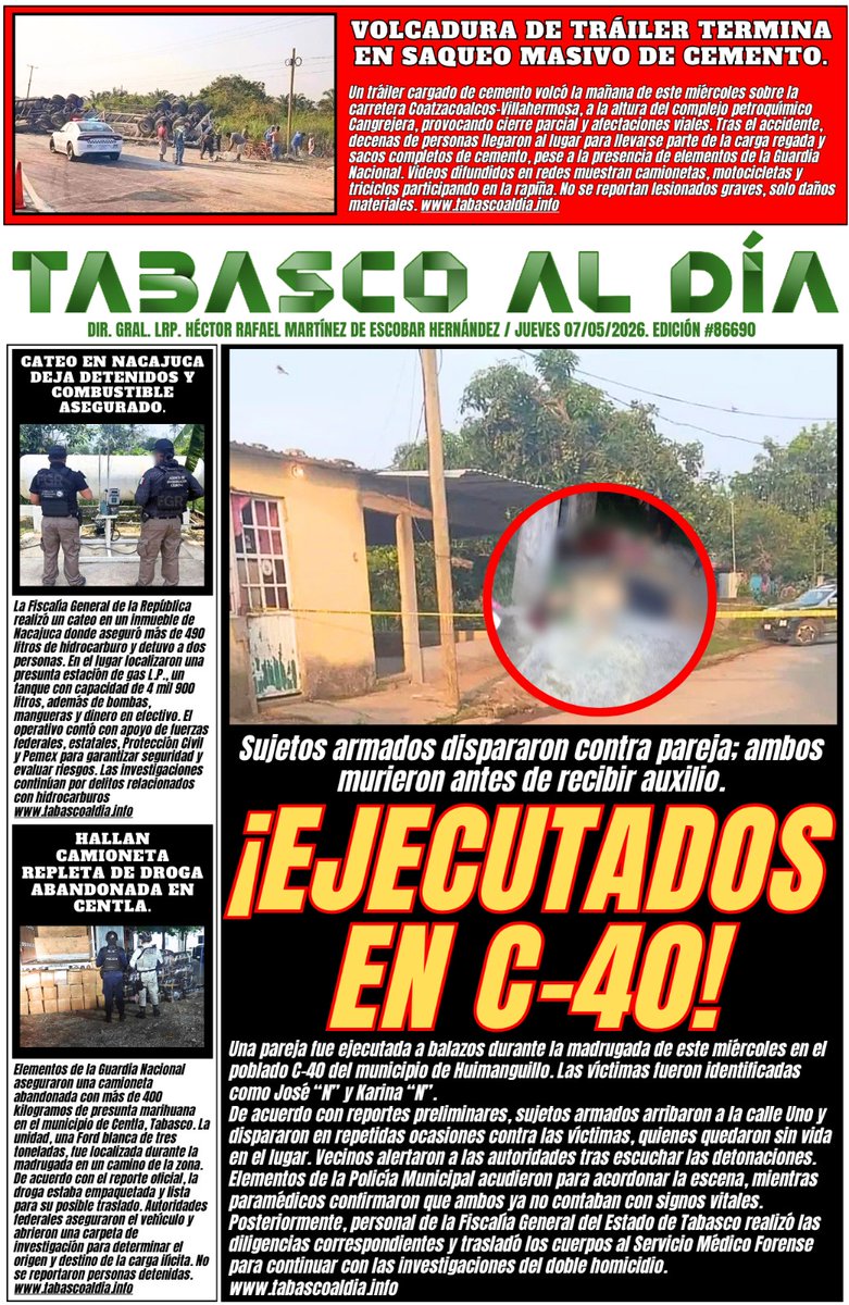 Portadas de hoy jueves 07 de mayo 2026. <a href="/TabascoJavier/">JAVIER MAY</a> <a href="/conadeoficial/">CONADE</a> <a href="/Gobdetabasco/">GOBIERNO DE TABASCO</a> <a href="/ProcivilTabasco/">Protección Civil Tab</a> <a href="/_injudet/">INJUDET</a> <a href="/SSPCTabasco/">SSPC Tabasco</a> <a href="/FGETabasco/">Fiscalía General de Tabasco</a> <a href="/GN_MEXICO_/">Guardia Nacional</a> <a href="/FGRMexico/">FGR México</a> <a href="/Defensamx1/">@Defensamx</a> <a href="/SEMAR_mx/">SEMAR México</a> #Tabasco #simulacronacional