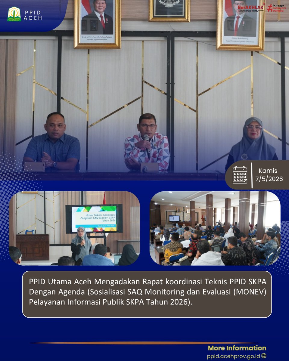 PPIDAceh's tweet photo. Rapat Koordinasi Teknis PPID SKPA ini dibuka oleh Bapak Safrizal AR, S.Sos,.MM. Selaku Pelaksana Harian PPID Utama Aceh. Kegiatan dilaksanakan di Ruang Aula Dinas Komunikasi, Informatika dan Persandian Aceh.

Banda Aceh, Kamis, 7 Mei 2026. https://t.co/0bh1xCqlHO