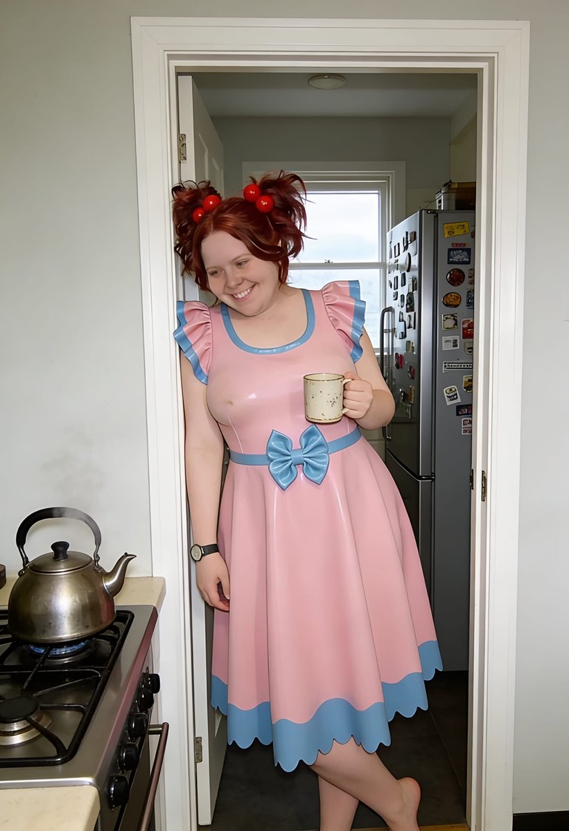 Lizzy1262629's tweet photo. Sleeping peacefully in my sweet pink & blue PVC babydoll dress! ✨ Ruffled shoulders, satin bow, and cherry space buns. Cozy afternoon nap vibes with a big smile 😊
#ShinyFashion #PVCOutfit #BabydollDress #PinkBlueStyle #PlasticFashion https://t.co/g8CdS3ENPV