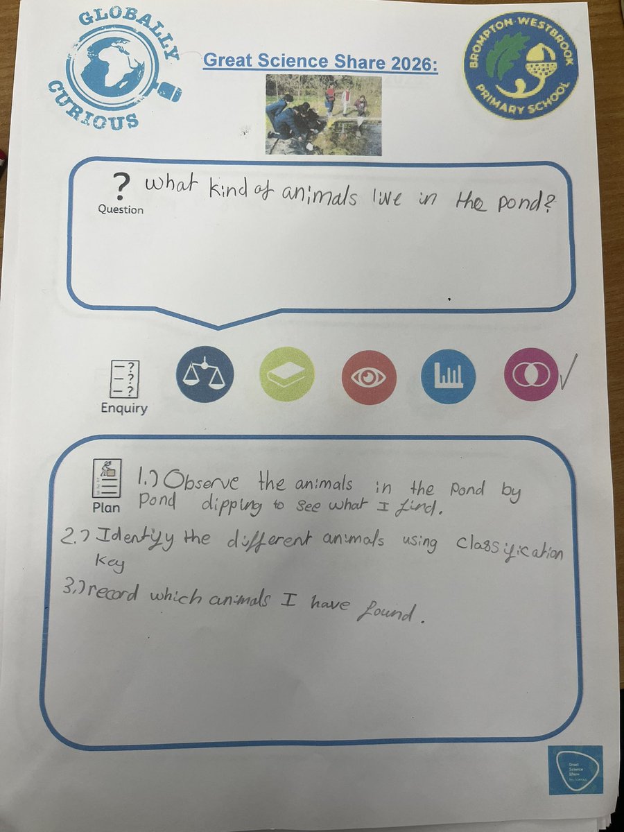 BWPScience1's tweet photo. Year 4 children have been using question generators and planning their own enquiries linked to our pond and school grounds in preparation for the Great Science Share showcase event at Discovery Park, Sandwich next month @GreatSciShare @pstt_whyhow @BWPrimary https://t.co/0nbrSeSmBI