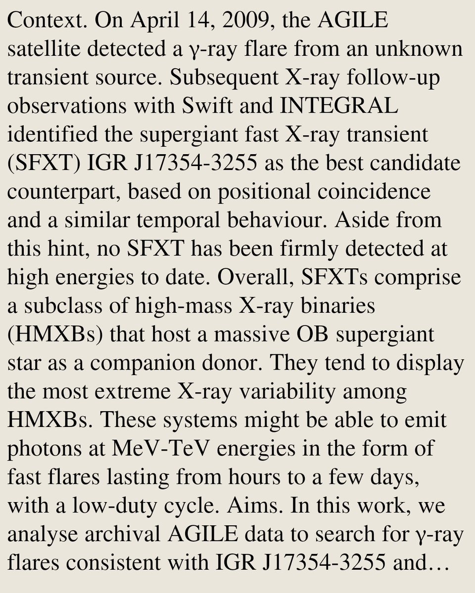 AGILE detection of transient γ-ray emission from the region of the supergiant fast X-ray transient source IGR J17354-3255

Andrea Bulgarelli, Gabriele Panebianco, Vito Sguera, Marco Tavani, Valentina Fioretti, Ambra di Piano, …
arxiv.org/abs/2605.04818 [𝚊𝚜𝚝𝚛𝚘-𝚙𝚑.𝙷𝙴]