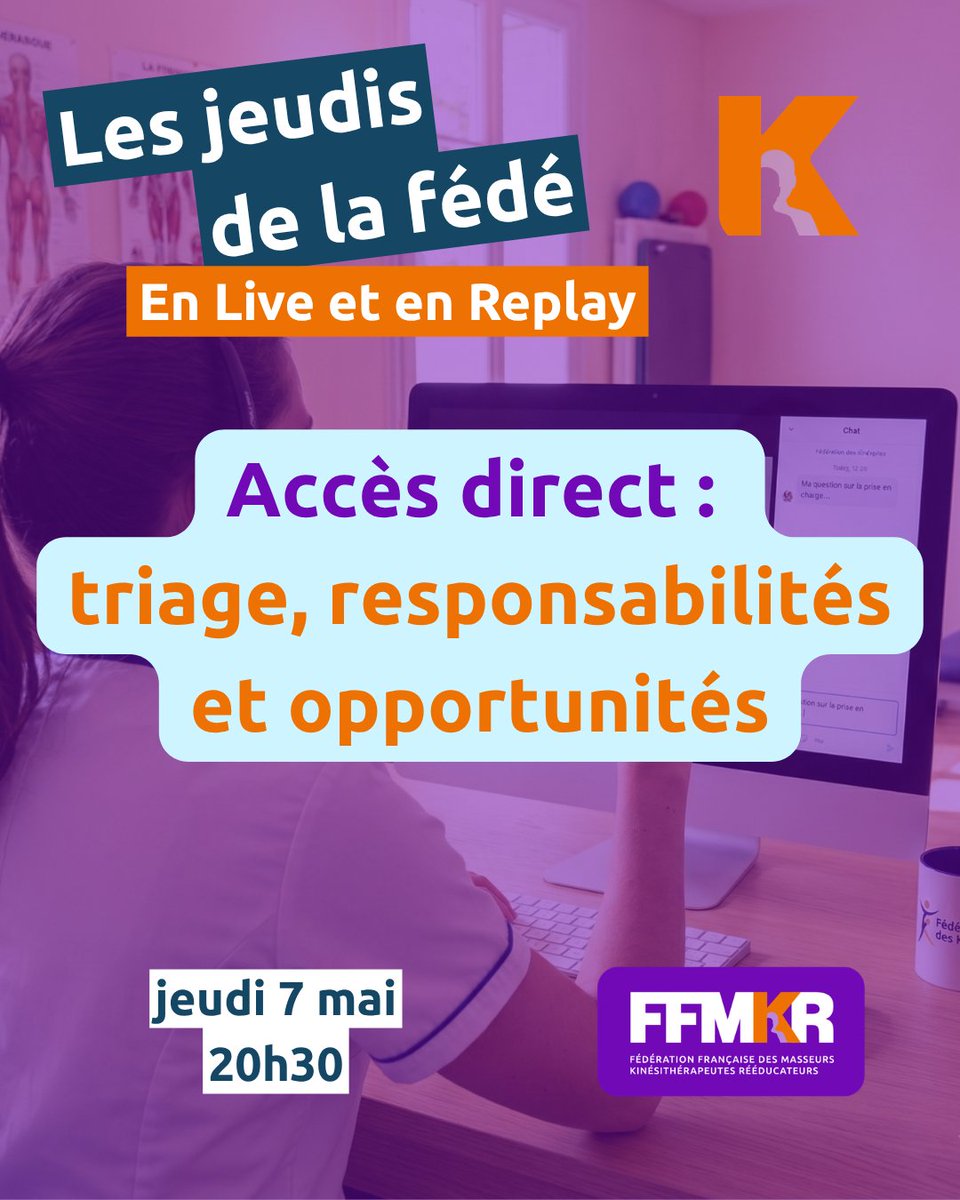 _FFMKR's tweet photo. Accès direct : triage, responsabilités, opportunités.

La FFMKR donne rendez-vous aux kinésithérapeutes jeudi 7 mai à 20h30 pour un Jeudi de la Fédé en live et replay.

Objectif : clarifier les conséquences concrètes pour l’exercice.

https://t.co/PHAmUNaNhH

#FFMKRcCLAIR #FFMKR https://t.co/xfZH9DOoJU