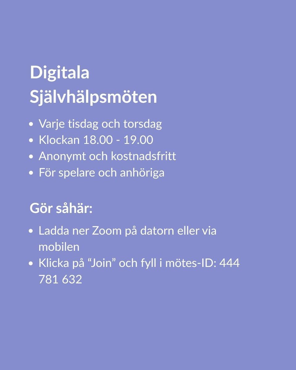 spelfriheten's tweet photo. Kvällens tema på Föreningen Spelfriheten - Lära av varandra - Hur viktigt är det för mig att dela med mig och lyssna på andra spelare/anhöriga, och hur har det påverkat mitt tillfrisknande? 

Tillsammans skapar vi igenkänning och hopp för spelare och anhöriga.

Välkommen in. 🤗 https://t.co/PE7lntxb4E