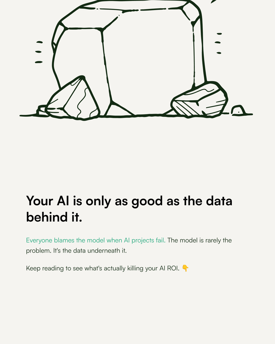 ubuntufabric's tweet photo. Most AI projects don’t fail because of AI — they fail because of bad data.
Stale CRM, siloed ERP, conflicting numbers, no governance = broken outputs.
The fix isn’t a better model. It’s a data layer that connects, cleans &amp; controls context.
What’s blocking your AI? https://t.co/TEhG4KRSSt