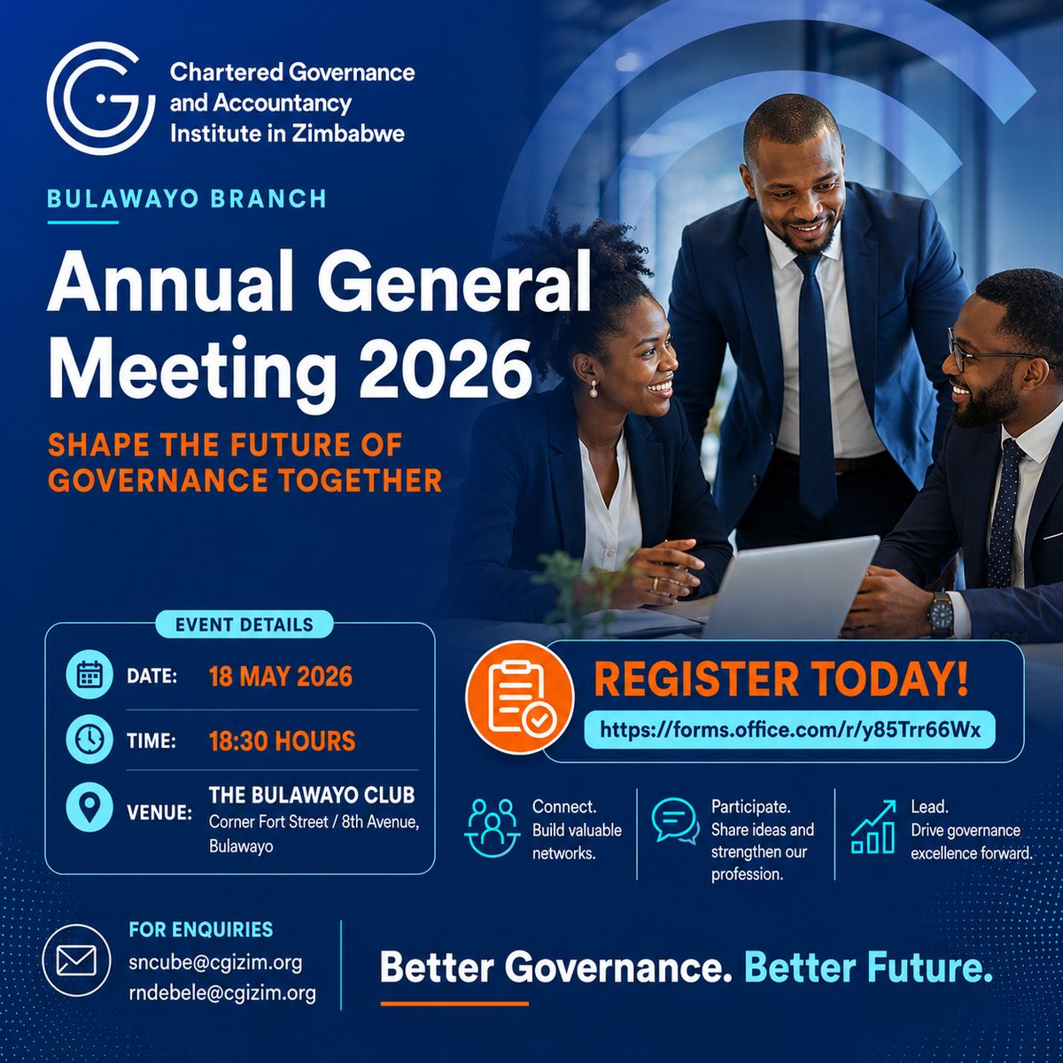 CgiZimbabwe's tweet photo. You are invited to the Bulawayo Branch Annual General Meeting 2026.

🗓️ 18 May 2026
🕡 18:30 Hours
📍 The Bulawayo Club, Bulawayo

Register here:
https://t.co/BvEeI0a0B1 https://t.co/idk4FnvevM
