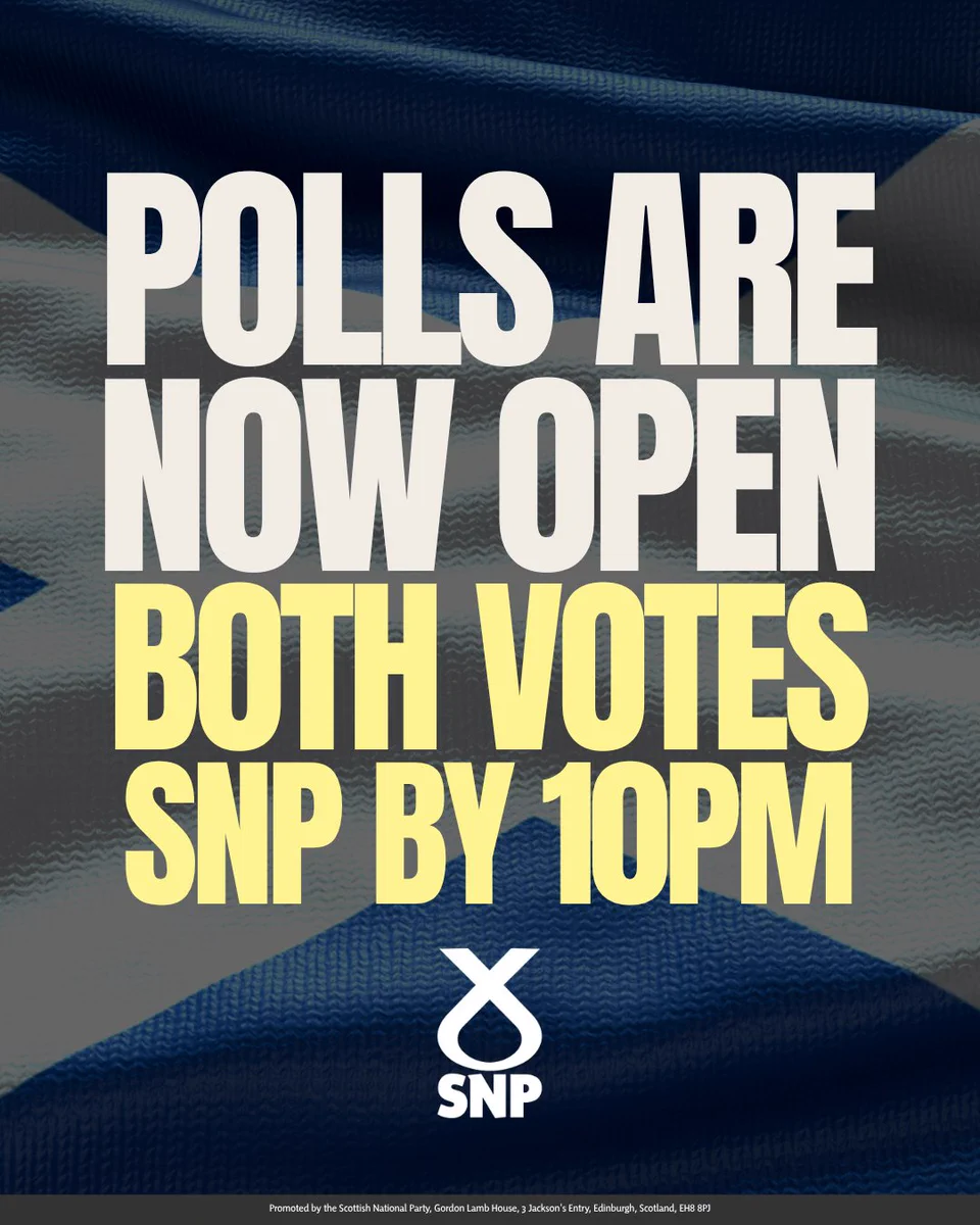 Polls are now open for voting in the SNP election until 10 PM tonight with the Scottish flag background.