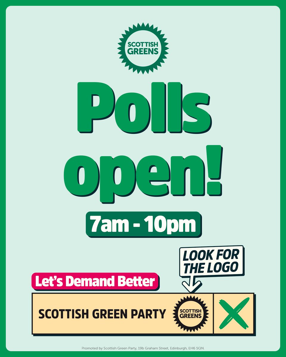 scottishgreens's tweet photo. 🚨 The polls are open!

🗳️ Everyone in Scotland can vote Scottish Greens on the peach ballot paper
✉️ If you have a postal vote you can hand it in
🪪 You DON'T need photo ID

This is our chance to vote for hope over hate. To demand better. To vote Scottish Greens. https://t.co/RrRxZ91HcT