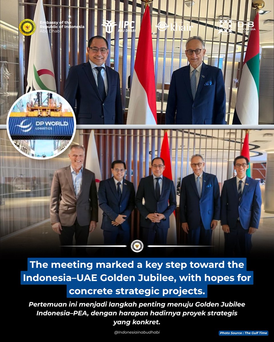 DP World and Indonesia discussed strengthening UAE investment cooperation in ports, logistics, and connectivity during a meeting between Ambassador H.E. Judha Nugraha and DP World Group CEO H.E. Yuvraj Narayan, supporting strategic Indonesia–UAE partnership 🇮🇩🤝🇦🇪

#KBRIAbuDhabi