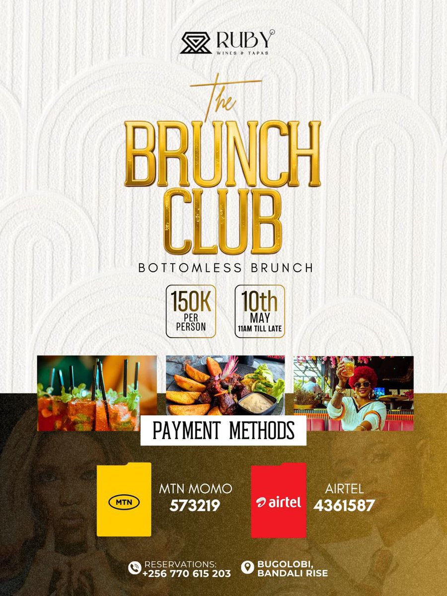 BahityaRonaldo's tweet photo. On 10th May we brunch the Ruby way.

Good food, bottomless cocktails, great music and even better vibes waiting at the Brunch Club.

📍Bugolobi, Bandali Rise
🗓 10th May | 11AM till late
🎟 150K per person

Who’s pulling up with me for #TheRubyBottomlessBrunch? https://t.co/XcPjChjW1X
