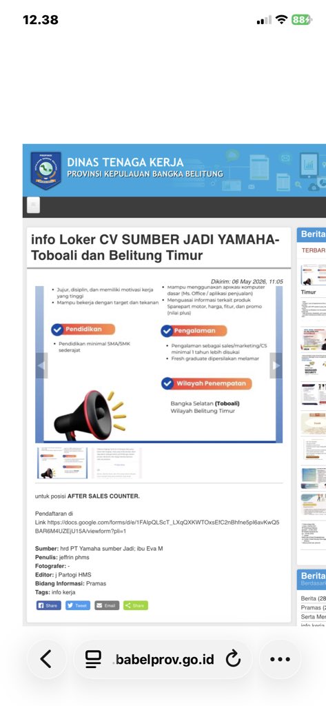 disnaker_babel's tweet photo. info Loker CV SUMBER JADI YAMAHA-Toboali dan Belitung Timur

untuk posisi AFTER SALES COUNTER.
Pendaftaran di Link https://t.co/cl8dNG8MV6

https://t.co/ZvGs19VY5S

#disnakerbabel https://t.co/j2xUXCJGQC