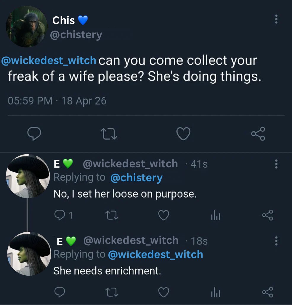 magnifcntlygay's tweet photo. chistery has spent enough time with her goodness it’s your turn elphaba #postcanon #gelphie https://t.co/RTfjlFn0Da