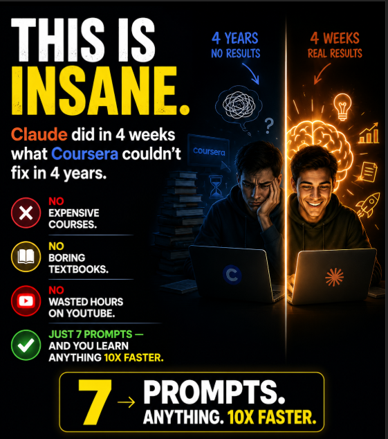 _SoniSumit's tweet photo. THIS IS INSANE.

Claude did in 4 weeks what Coursera couldn't fix in 4 years.

No expensive courses. No boring textbooks. No wasted hours on YouTube.

Just 7 prompts — and you learn anything 10x faster.

Here's the exact system 🧵 https://t.co/WKVnxKfMRO
