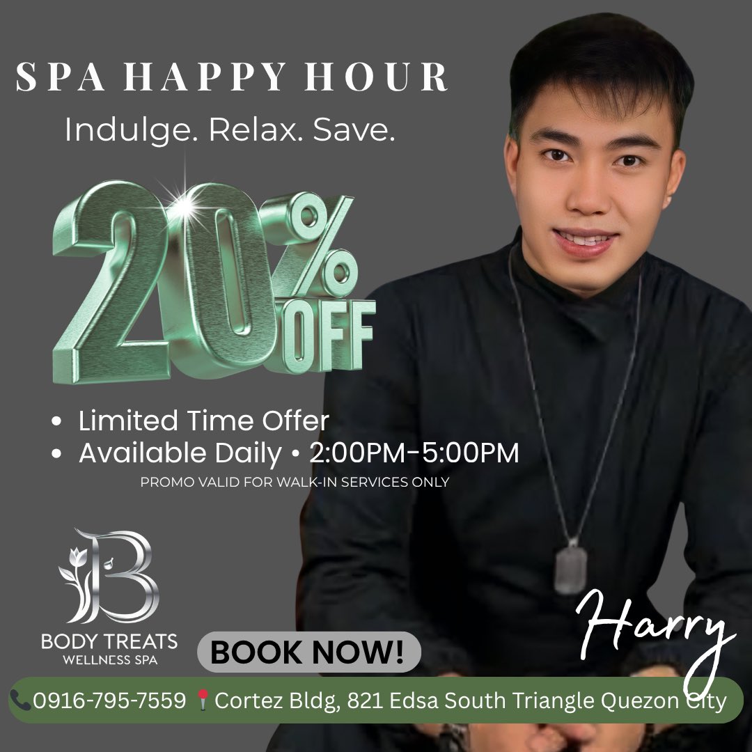 bodytreatsQC's tweet photo. Thursday is the perfect time to pause and recharge ✨
Enjoy 20% OFF during our Spa Happy Hour from 2PM–5PM, available for walk-in guests only.
#WellnessJourney #HappyHourSpecial #SpaExperience https://t.co/MyHHACw6Ph
