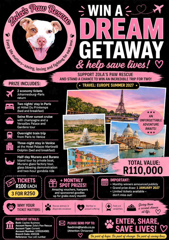 lolsielove's tweet photo. Please people support us, we are trying our best ❤️

ONLY R100 FOR ONE TICKET R250 FOR THREE TICKETS ‼️ 

 ‼️‼️  JUST ONE CLICK TO SHARE, PLEASE ‼️‼️

Limited tickets available – don’t miss out!

💳 PAYMENT DETAILS:

Bank: Capitec Bussiness
Account Name: Zola's Paw Rescue
Account Type: Current
Account Number: 1055264981
Branch Code: 450106
Reference: Your cell number

📧 Please send POP to: feedmin@lando.co.za (Attention: Chrizanne)
❤️ WHY THIS MATTERS:

Every ticket you buy helps us:

Rescue animals in desperate situations
 
Sterilizations

Provide medical care

Feed and rehabilitate

Give them a second chance at life

🐾 Be part of something bigger.
🐾 Be part of hope.
🐾 Be part of saving lives.

👉 Get your tickets today and stand a chance to WIN BIG while making a real difference!

#ZolasPawRescue #RescueWithHeart #WinAndGiveBack