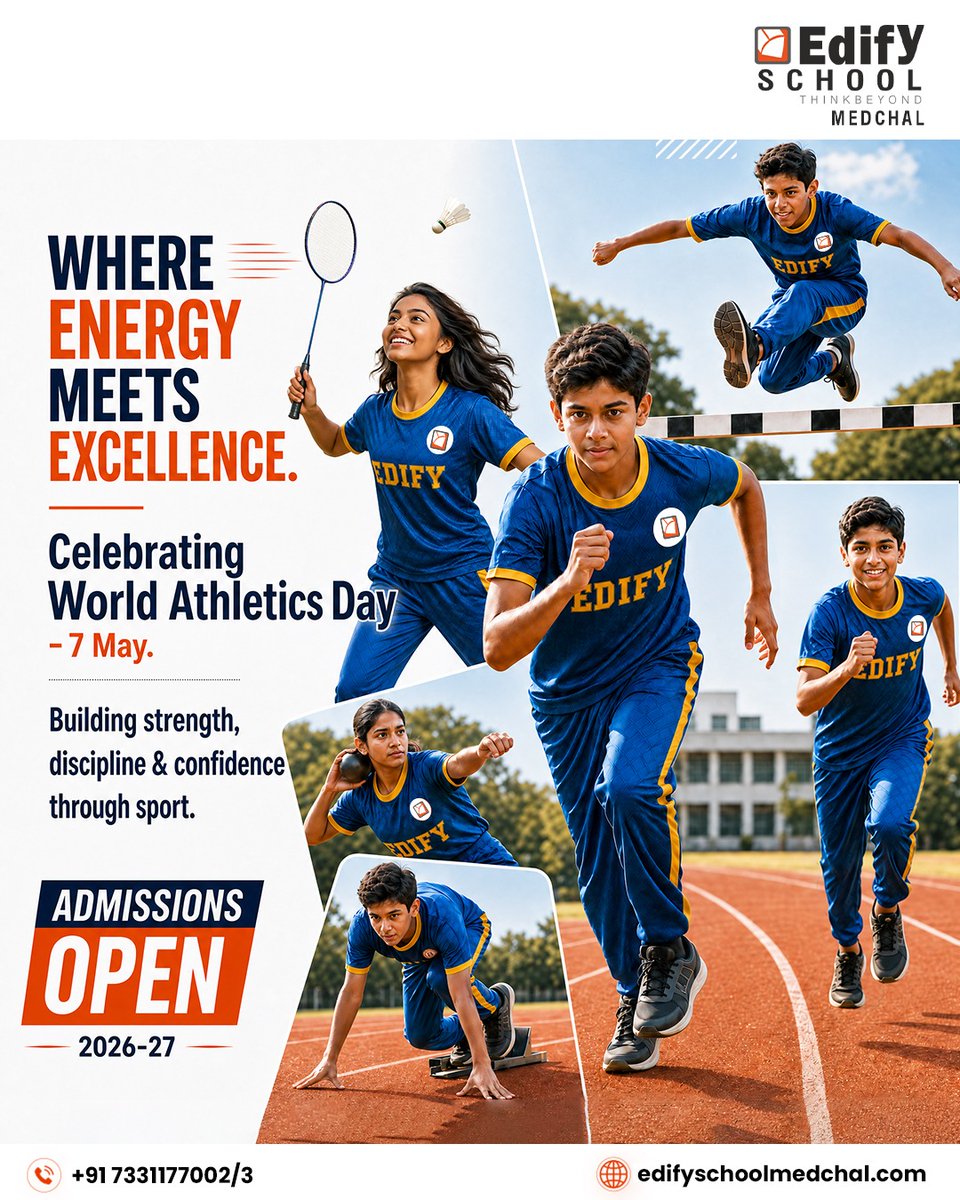 EdifyMedchal's tweet photo. Where champions rise! 🏃‍♂️🏸
Celebrating World Athletics Day with energy, discipline &amp; excellence. Admissions Open 2026–27.

#WorldAthleticsDay #EdifySchoolMedchal #AdmissionsOpen #SportsExcellence #FutureChampions #YoungAthletes #EdifySchools https://t.co/5QH82sVsNc