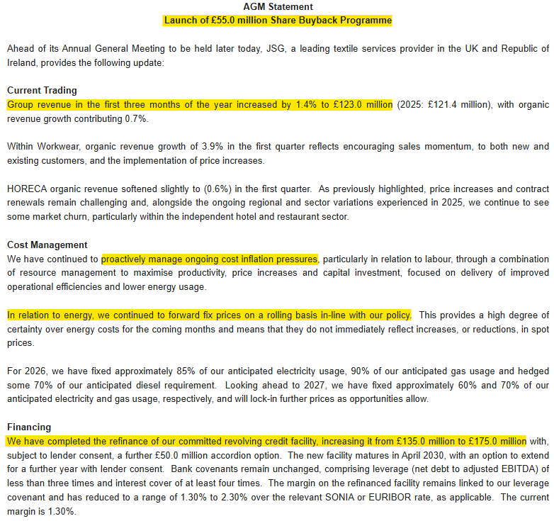 1James1n1's tweet photo. #JSG - AGM TU

➡️Q1 Rev up 1.4%, proactive management of cost pressures.
➡️Energy prices largely forward fixed.
➡️Share buyback of £55m lanuched today.
➡️Aim to keep leverage in 1.0-1.5x range in medium term
➡️No ME cost impact to date
➡️On track for 14%+ operating margin in 2026 https://t.co/3fPYcAUCXL