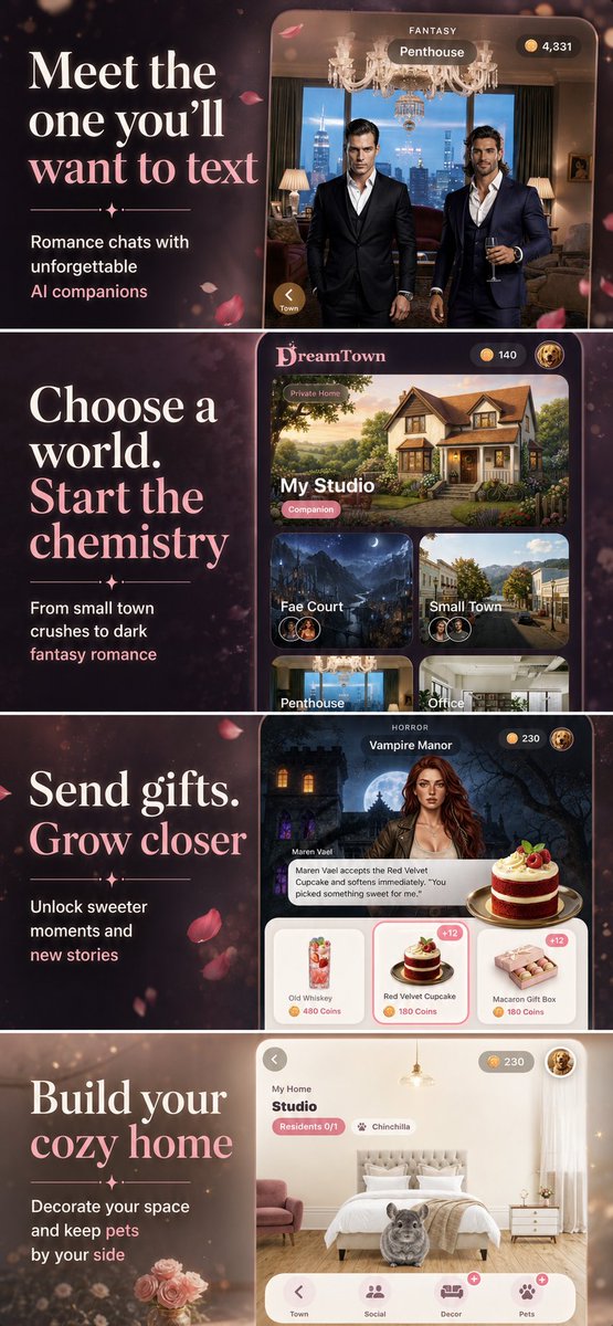 KPBLLL's tweet photo. vibe coded another app instead of sleeping.😊
it’s called Dream Town — an AI social app that feels more like entering a weird little world than scrolling a feed.
built mostly solo.
now live on the App Store.
would love any feedback 🌙https://t.co/vfgZS1oMws

#dreamtown #vibecoding #coding #codex #aicoding
#aiboyfriend #airoleplay