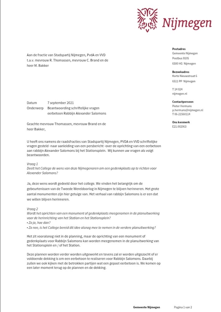 Stadspartij024's tweet photo. @jasparov De uitvoering van de toezegging op onze schriftelijke vragen wacht op de vernieuwing van het station en Stationsplein. Daarin zal dan een herinnering aan Salomons terug komen. https://t.co/vGKL9287Jn
