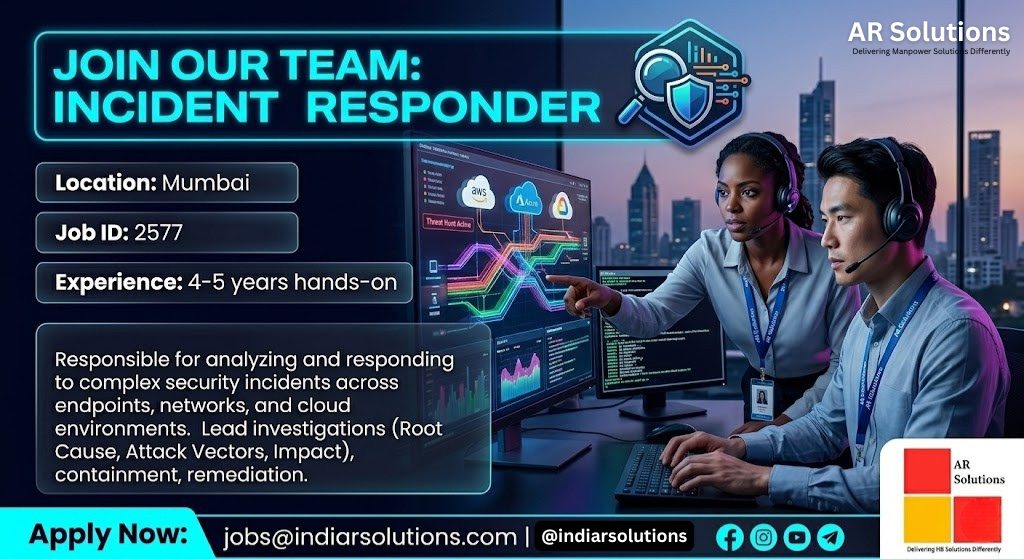 indiarsolutions's tweet photo. 🚨 We're Hiring: Incident Responder!

Job ID: 2577
Location: Mumbai
Experience: 4-5 Years (Hands-on)

#Hiring #MumbaiJobs #IncidentResponder #CyberSecurity #ThreatHunting #JobOpening #TechJobs #CareerOpportunity https://t.co/Lk9ST4DClX