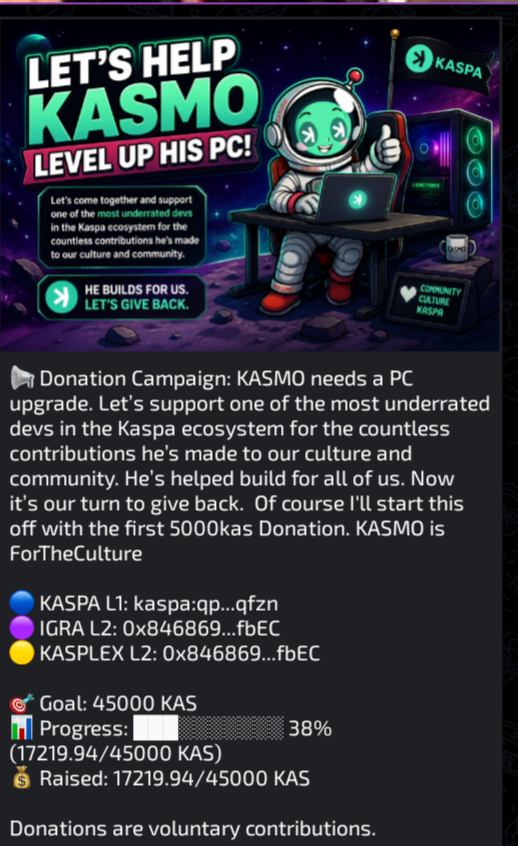 Spudzbynotshore's tweet photo. Almost half way there guys. 

kaspa:qpu4tsnkwsvzphd5jpwq0mjttq790rs57t2xg4skahw89c8va8kgq4n8fqfzn

@KasmoSupport  Built the giveaway bot that has features like a Rock, Paper, Scissors style game which will be used for the Tournament 🔥🔥🔥 https://t.co/ZFw9kC8b9T
