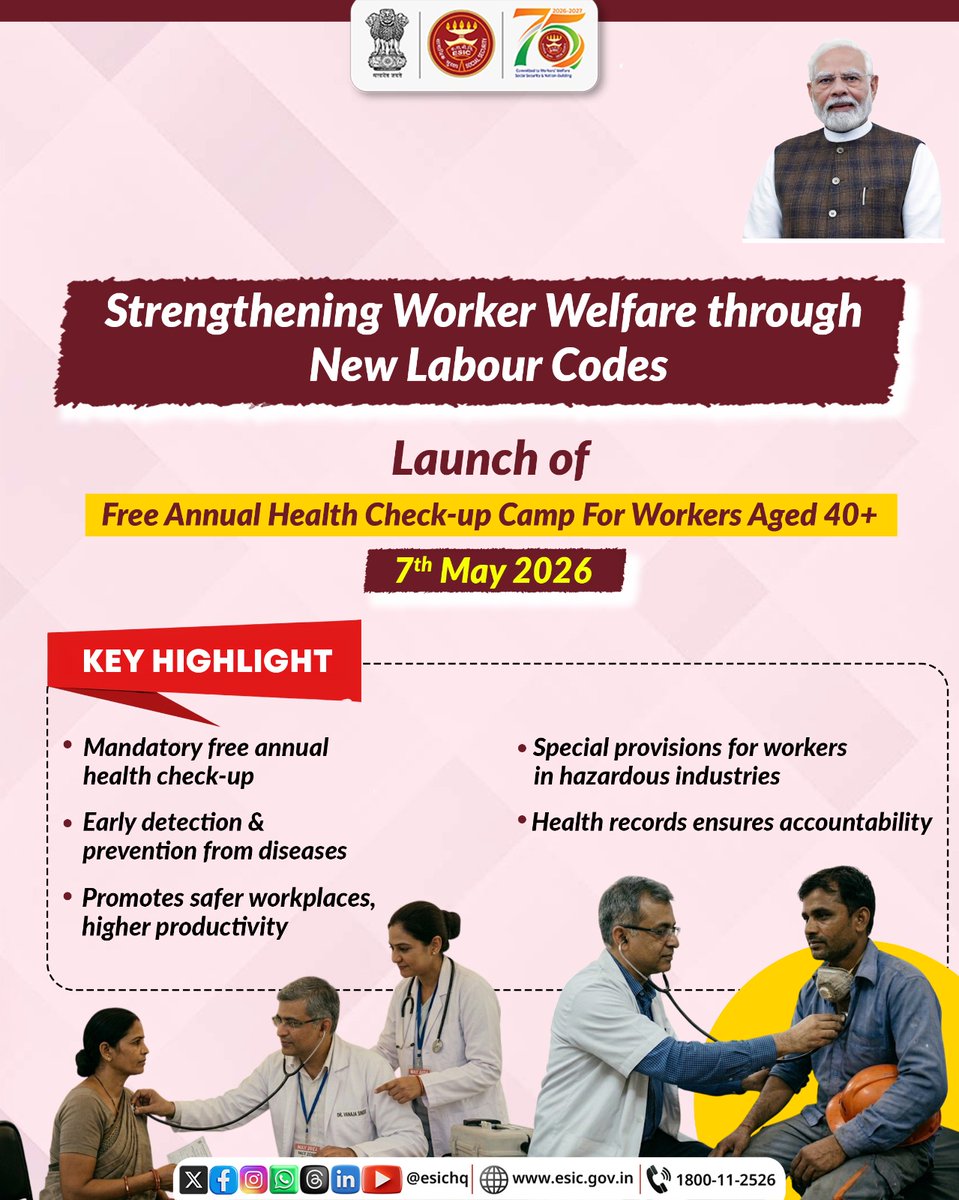 New Labour Codes, Expanding healthcare access for those who power the nation!

Free annual health check-ups for workers aged 40+ under the New Labour Codes, ensuring preventive care, early detection and better well-being.

Prioritize your health, Participate today!