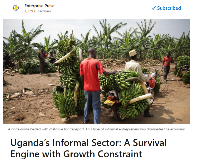 EntUganda's tweet photo. A whopping 89.2% of employed Ugandans work in the informal sector. Consider your local barber, baker, and even your boda guy.

The state has invested heavily in promoting mass formalisation, often through strict punitive measures. But what if the road to a formal economy was achieved through support, instead of a penalty?

Read this month's edition of the Enterprise Pulse as we dissect this national paradox: https://t.co/Q8hheLkxUY

 #informaleconomy #privatesector