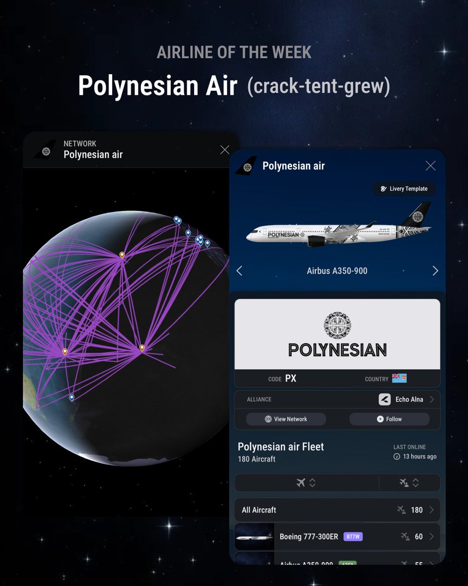 airline_sim's tweet image. ✈️ AIRLINE OF THE WEEK ✈️ May.7th

🇫🇯 Polynesian Air
Tag: crack-tent-grew
Hub: Daniel K. Inouye Int'l Airport

🇨🇦 Aurora
Tag: develop-star-business
Hub: Toronto Pearson Int'l Airport

🇨🇳 Yinchuan Airlines
Tag: during-will-lunch
Hub: Yinchuan Hedong Int'l Airport