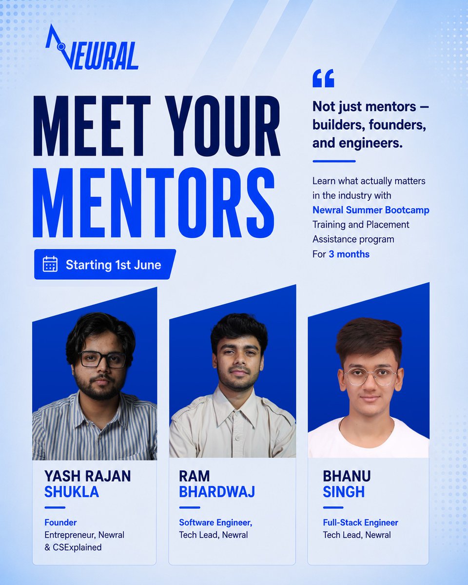Real mentors. Real projects. Real skills. Bootcamp starts June 1⚡️
. 
.
.
.
.
.
.
  #Newral #BuildInPublic #CodeNewbie #100DaysOfCode #DevCommunity #LearnToCode #TechTwitter #Programming #WebDevelopment #Developers #STUDENTS