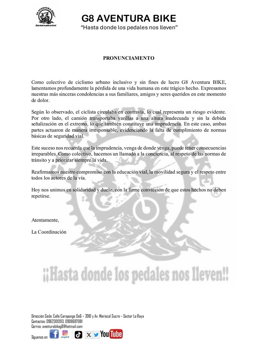 BikeG8's tweet photo. Hoy alzamos nuestra voz con respeto y conciencia ante una lamentable pérdida humana en las vías. 🚴🕊️
Desde G8 Aventura BIKE hacemos un llamado a todos los actores viales a actuar con responsabilidad, prudencia y respeto por la vida. La seguridad vial es compromiso de todos. https://t.co/LIGhbNB4be