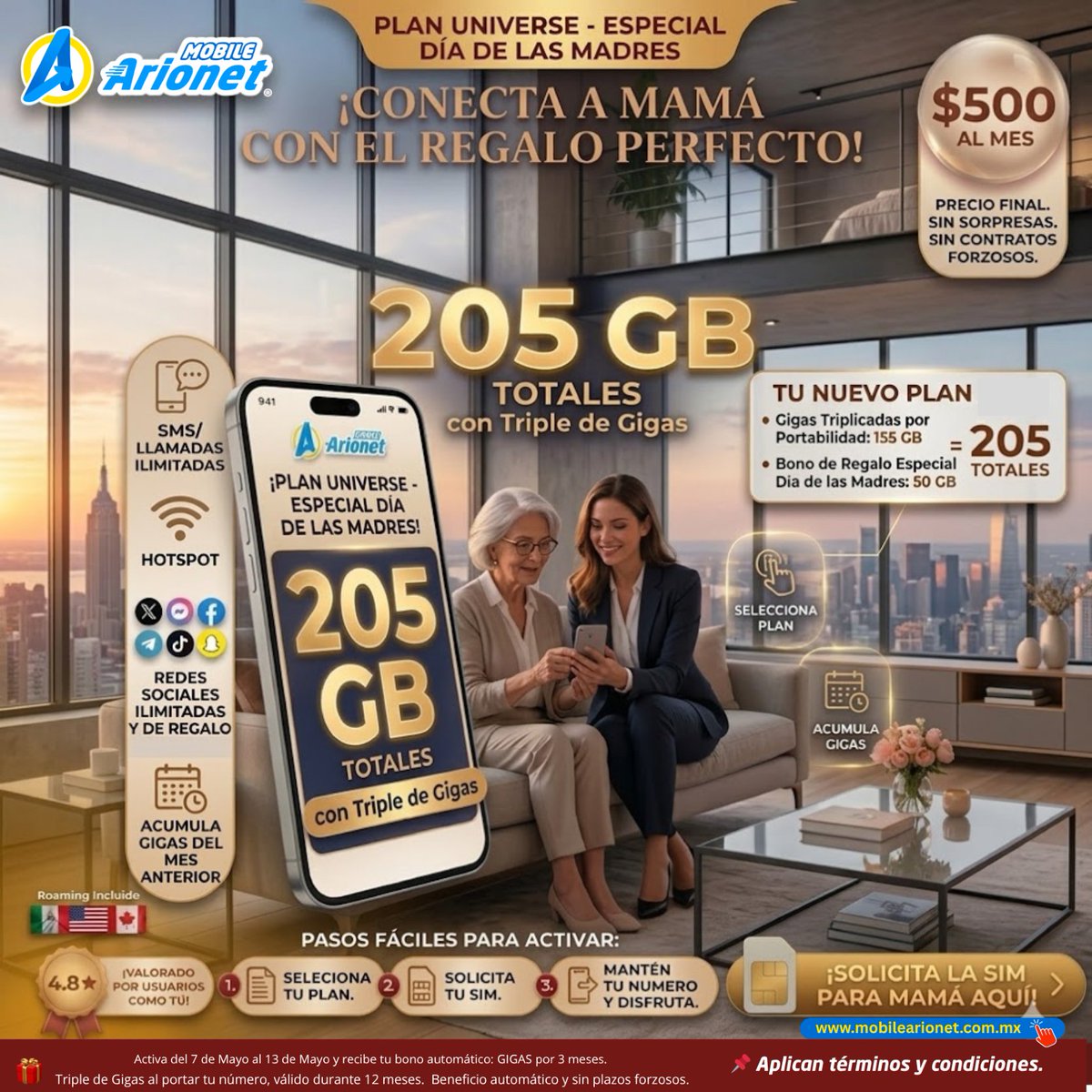 mobilearionet's tweet photo. 🚨 ¡ESPECIAL DÍA DE LAS MADRES (Oferta Limitada 7-13 Mayo 2026)!🚨
Conecta a mamá con el regalo perfecto. ¡Llevamos la locura de datos al máximo!

👉 CONTRATA EN LÍNEA AHORA Y TRIPLICA TU VIDA DIGITAL:
https://t.co/RaTvZkP36H https://t.co/Qcdx5SrKxc