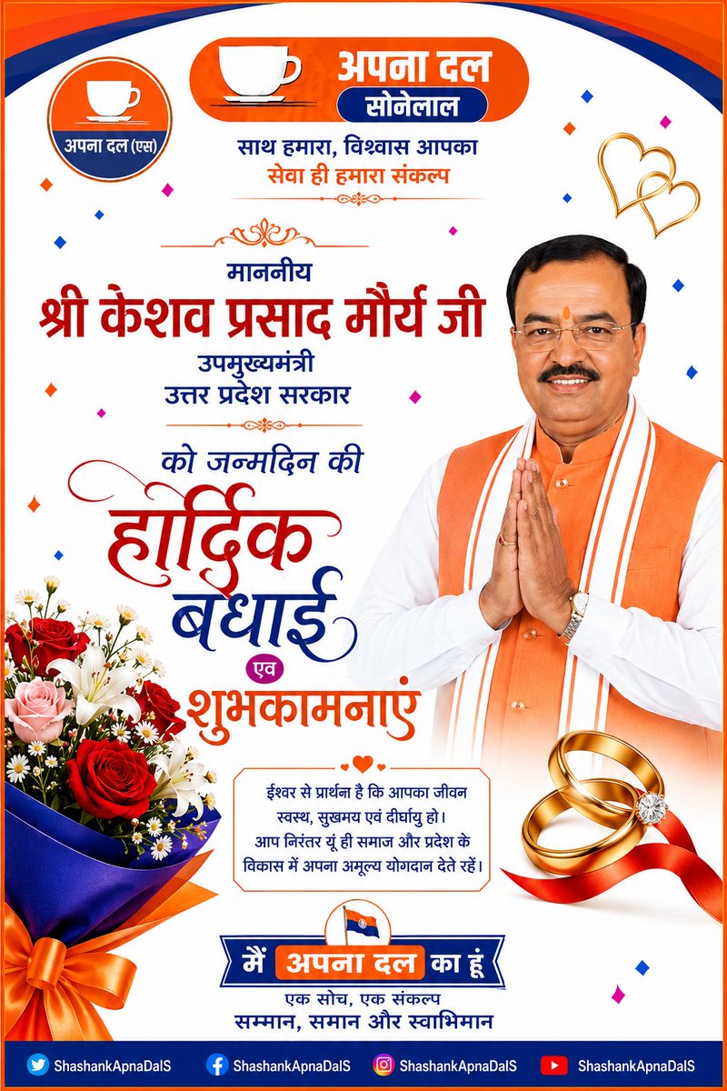 ShashankApnaDal's tweet photo. माननीय श्री केशव प्रसाद मौर्य जी उपमुख्यमंत्री उत्तर प्रदेश सरकार को जन्मदिन की हार्दिक बधाई एवं शुभकामनाएं।
@kpmaurya1 https://t.co/LfGMkPGlB2